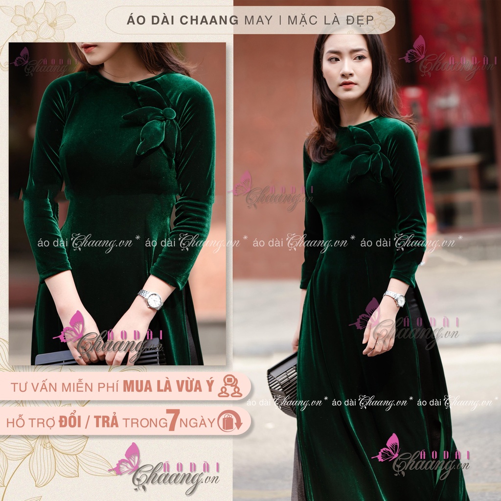 Áo dài nhung cổ tròn CHAANG May sẵn Áo dài nhung sang trọng, vải áo dài nhung đỏ sang trọng