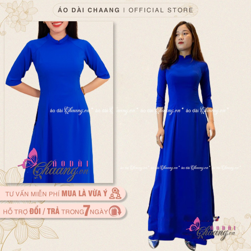 Áo dài xanh coban Chaang May sẵn áo cổ vuông tay lỡ, vải lụa xanh bích