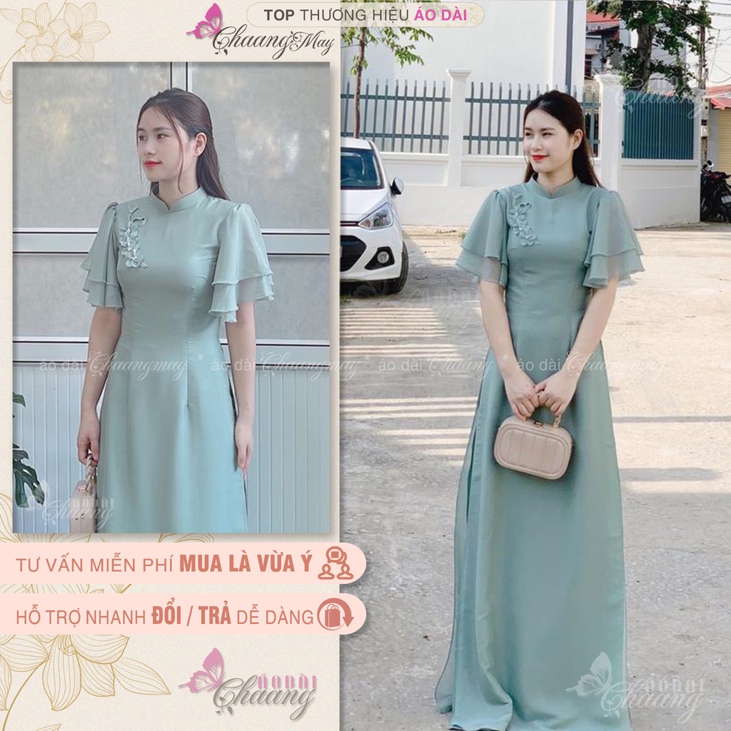 Áo Dài Cách Tân Nữ Hoa Xếp Nhẹ Thủ Công Chaang May Thiết Kế Sẵn Lụa Tơ Tay Cánh Tiên Dự Tiệc Lễ Tết Xinh Đẹp