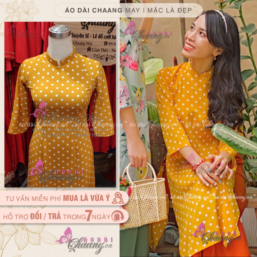 Áo dài vàng chấm bi - Áo dài may sẵn truyền thống cổ vuông tay lỡ Lụa đẹp