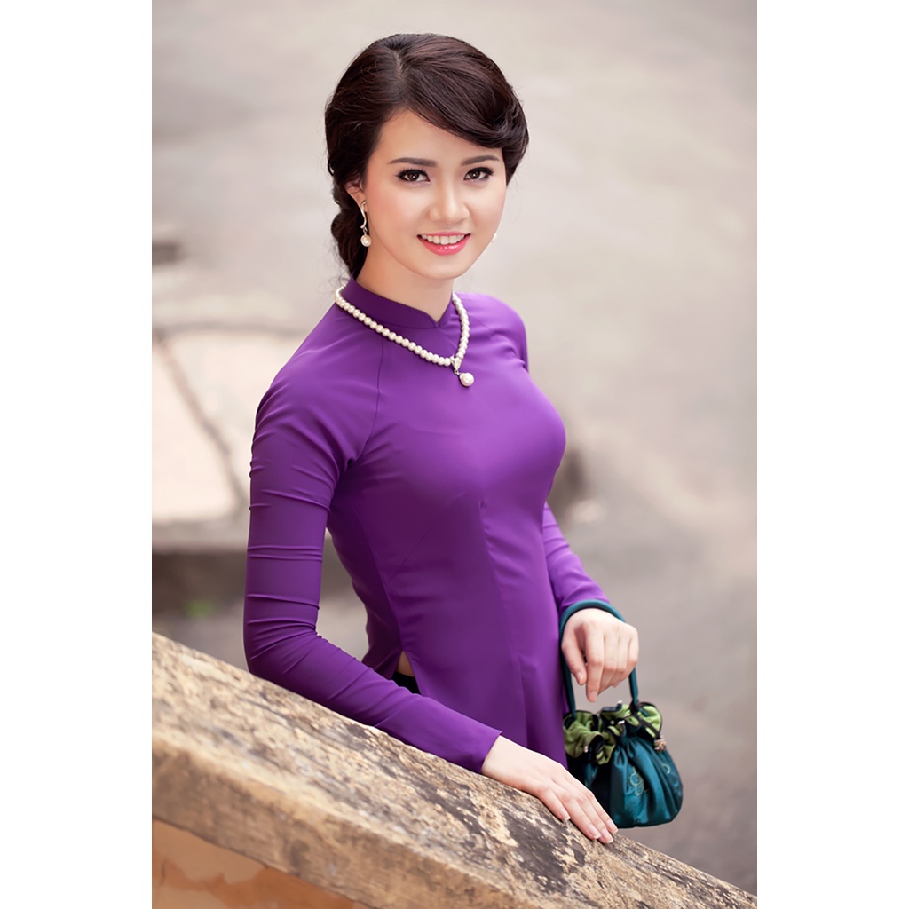 Áo dài truyền thống lụa Mỹ tím huế CHAANG may sẵn áo dài cổ vuông co giãn 4 chiều lên form đẹp