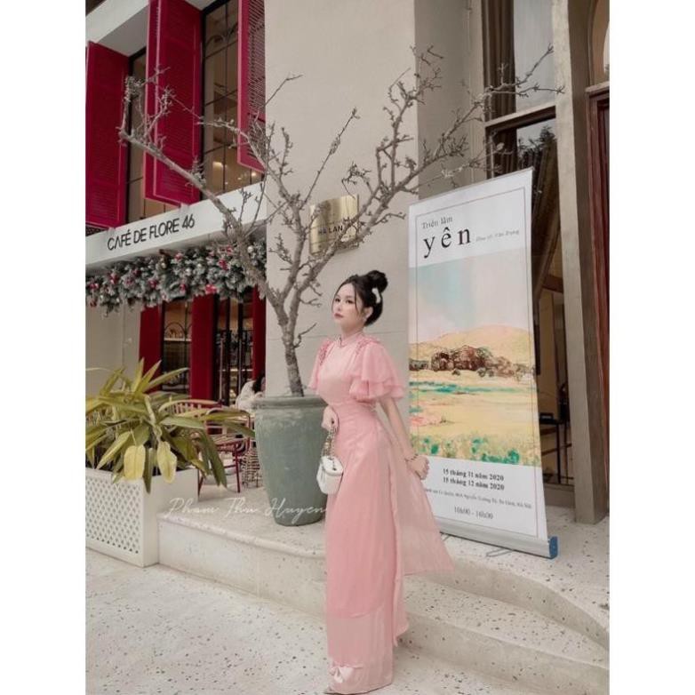 Áo dài cách tân nữ công sở Áo dài 4 tà tay loe cánh tiên lụa tơ óng xanh Mint đẹp