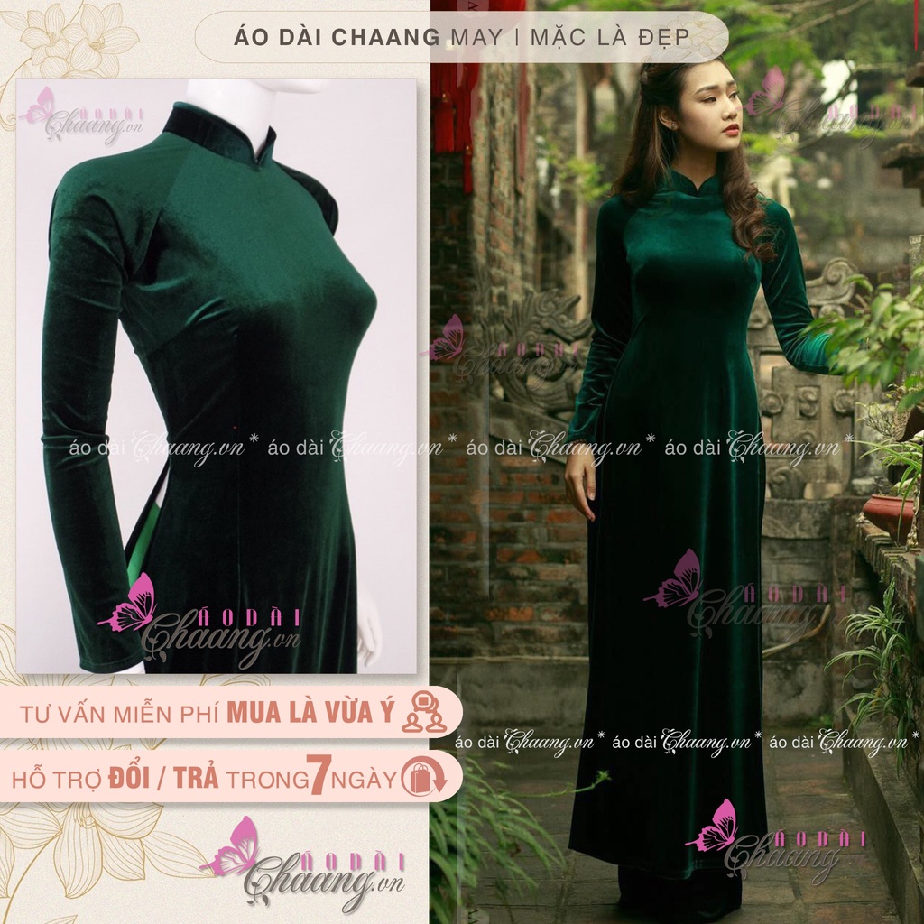 Áo dài xanh vải nhung Chaang May sẵn vải áo dài tay co giãn truyền thống mặc dự tiệc lễ tết đẹp