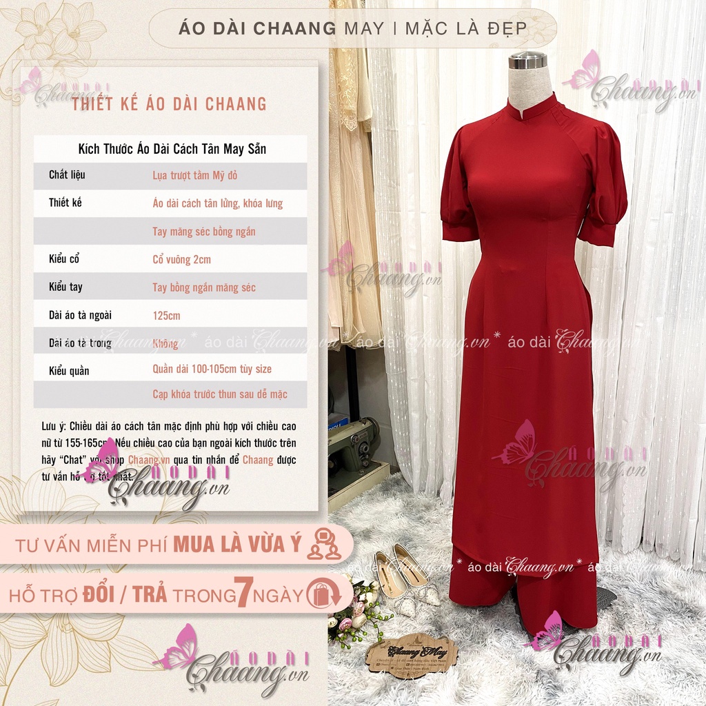 Áo Dài Tết Cách Tân Nữ Thiết Kế Tay Bồng Măng Séc Chaang May sẵn vải Lụa Đỏ dự tiệc cưới lễ tết đẹp
