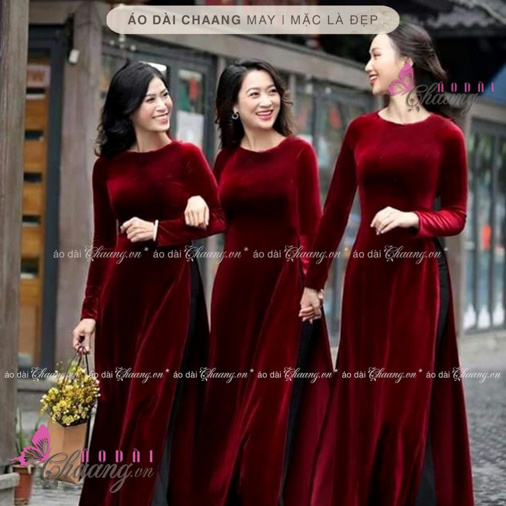 Áo dài nhung đính đá ngọc CHAANG May sẵn áo dài trung niên cổ tròn, vải đỏ đô đậm đẹp