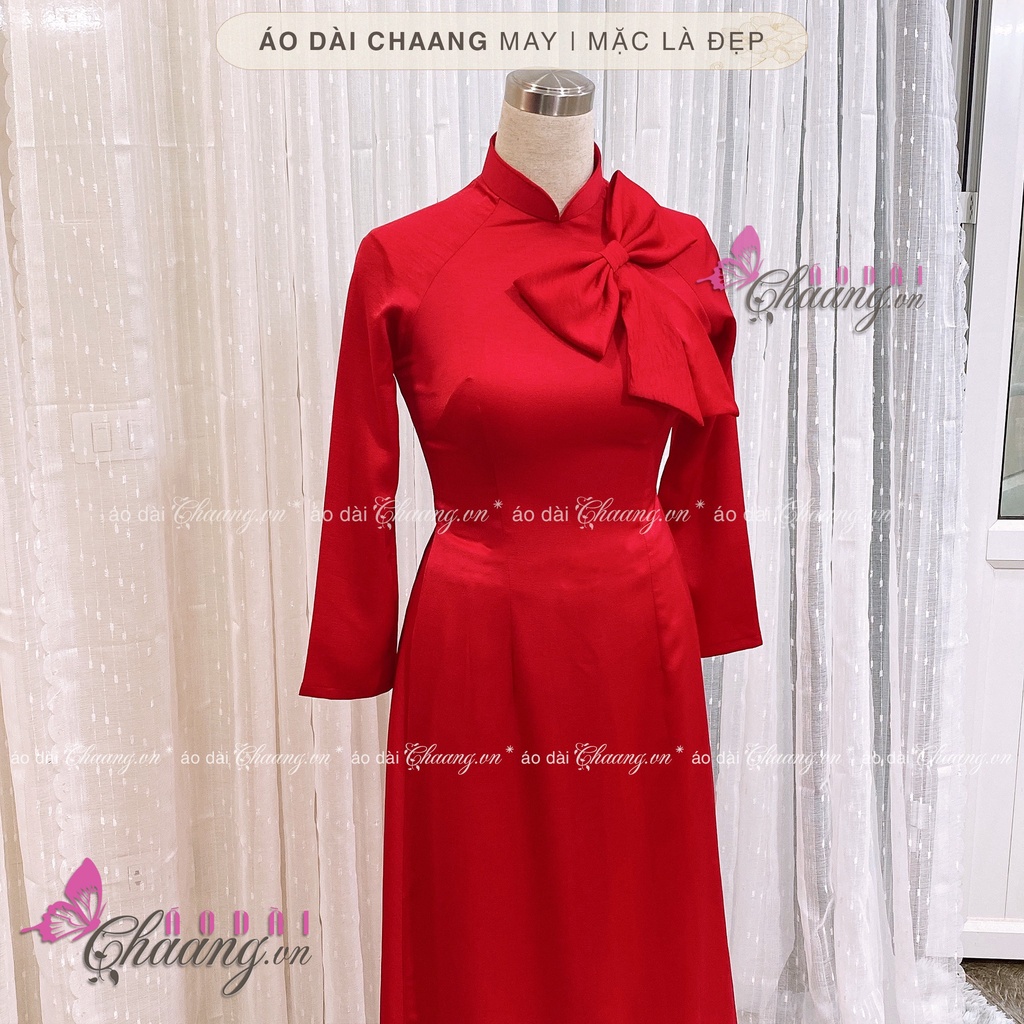 Áo Dài Đỏ Lụa Tây Thi Đính Nơ Thủ Công May Sẵn Truyền Thống Form Đẹp