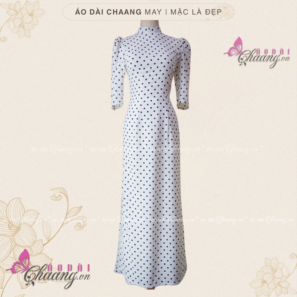 Áo Dài Trắng Truyền Thống Chấm Bi Vai Bồng May Sẵn Lụa Thái Cổ Vuông Đẹp ChaangBi09