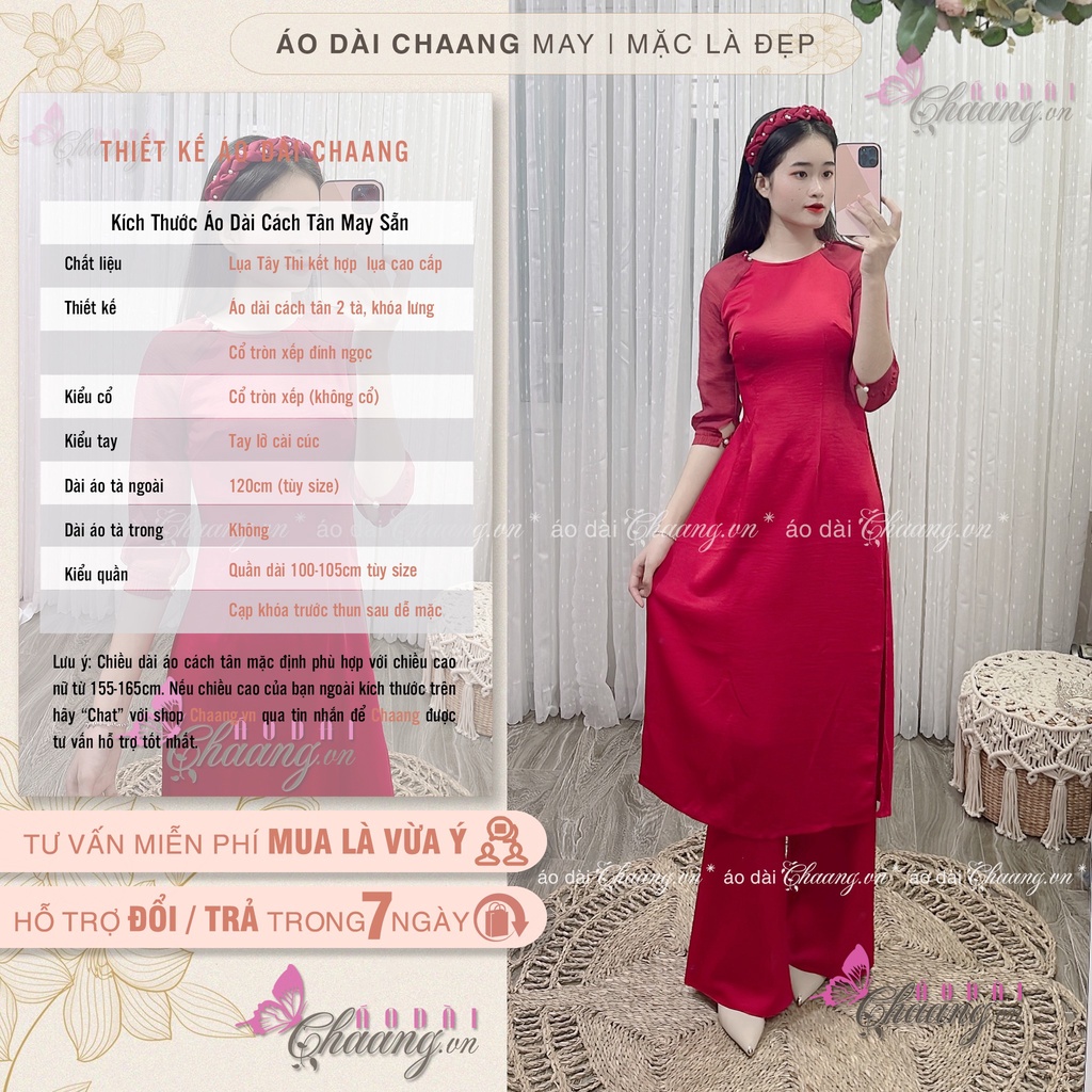 Áo Dài Cách Tân Nữ CHAANG May sẵn 2 Tà Tay Tơ Lụa Phối Đỏ Đô Đẹp ACT422