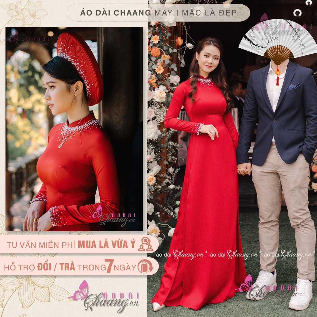 Áo Dài Cưới Cô Dâu Truyền Thống CHAANG May Thiết Kế 4 Tà Lụa Đính Tủa Ngọc Đẹp ADC422