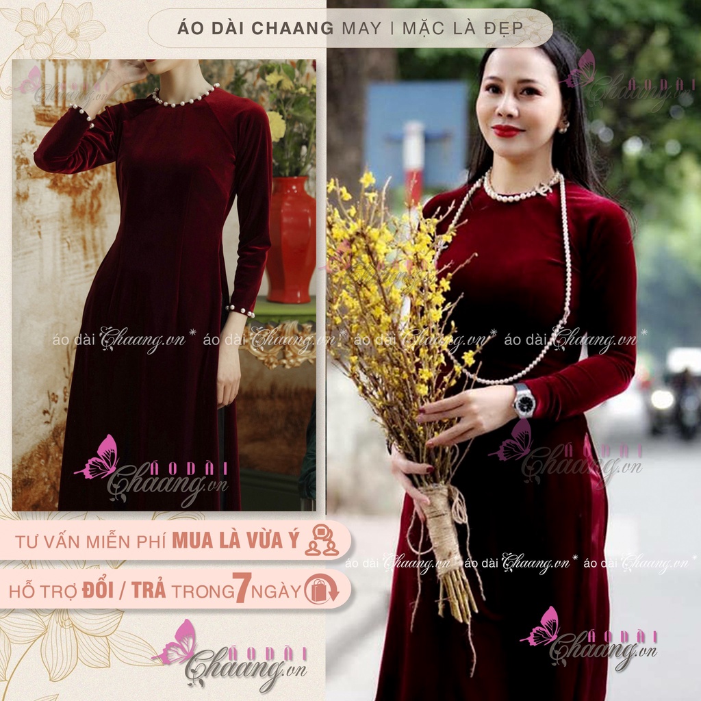 Áo dài nhung đính đá ngọc CHAANG May sẵn áo dài trung niên cổ tròn, vải đỏ đô đậm đẹp