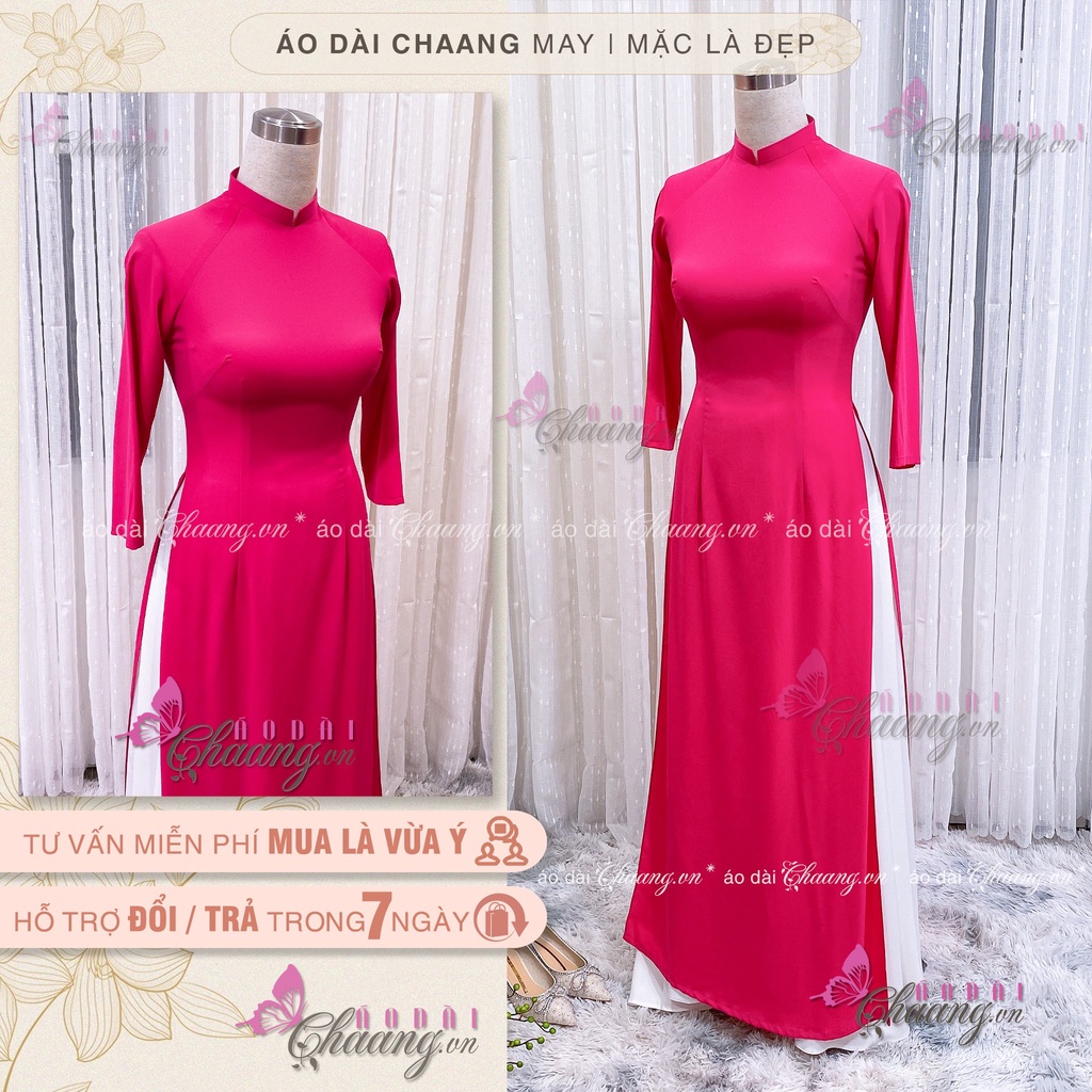 Áo dài màu hồng sen đỏ CHAANG May sẵn áo dài truyền thống cổ vuông tay lỡ, vải lụa đẹp