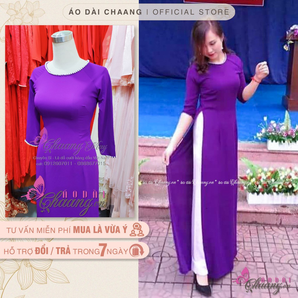 Áo Dài Tím Cổ Tròn Chaang May Sẵn Áo Dài Lụa Đẹp Huế Đính Đá Ngọc Tay Lỡ -  Chaang.Vn - Áo Dài Đẹp May Sẵn