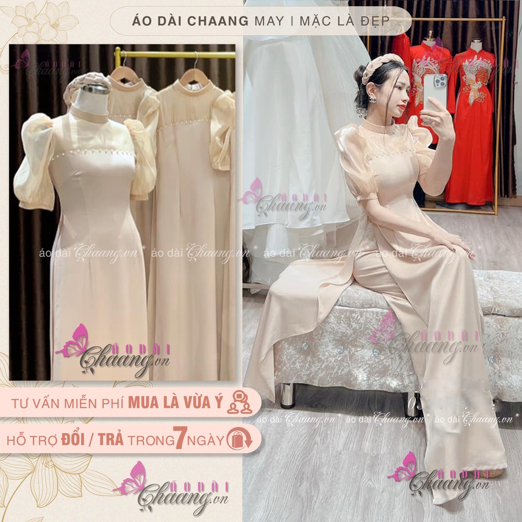 Áo Dài Cách Tân Nữ Nude Sang Trọng Tay Tơ Bồng Có Cổ Tròn Liền Cách Điệu Đẹp C-AD422