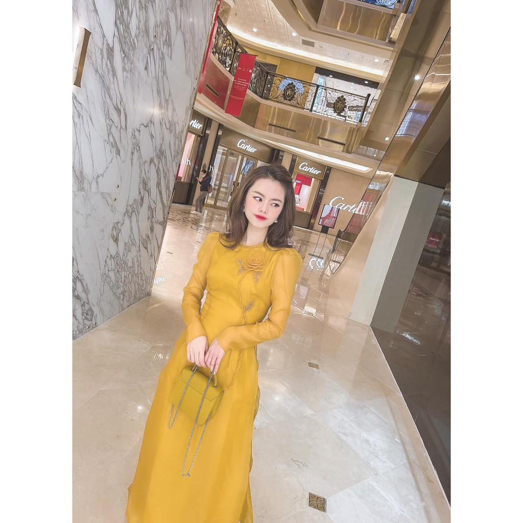 Áo Dài Cách Tân Nữ Cao Cấp May Sẵn Tay Bồng Lụa Tơ 4 Tà Cổ Tròn Kết Hoa Thủ Công Phù Hợp Dự Tiệc Lễ Tết Đẹp