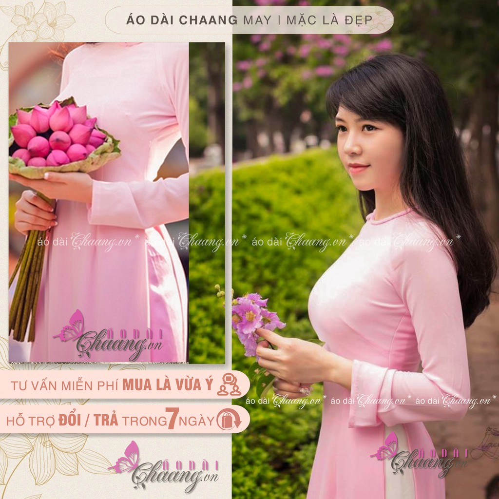 Áo dài cổ tròn màu hồng Chaang may sẵn áo truyền thống tay dài, vải lụa tằm
