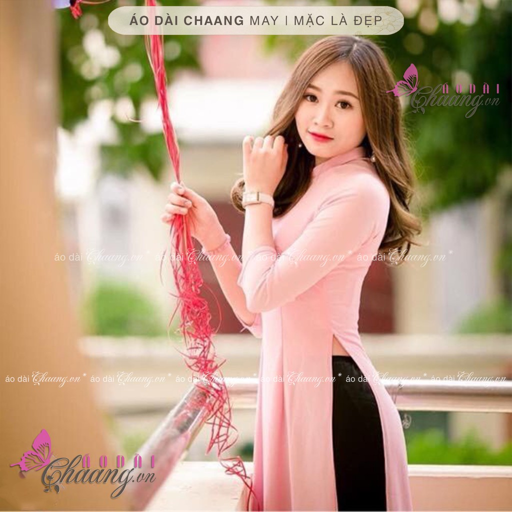 Áo dài truyền thống màu hồng Chaang May sẵn kiểu áo cổ vuông tay lỡ vải lụa tằm dự tiệc lễ tết đẹp