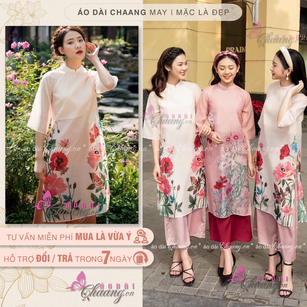 Áo Dài Cách Tân Nữ Dáng Xuông 4 Tà Chân Hoa Cổ Vuông Lụa Da Tơ Óng CHAANG021