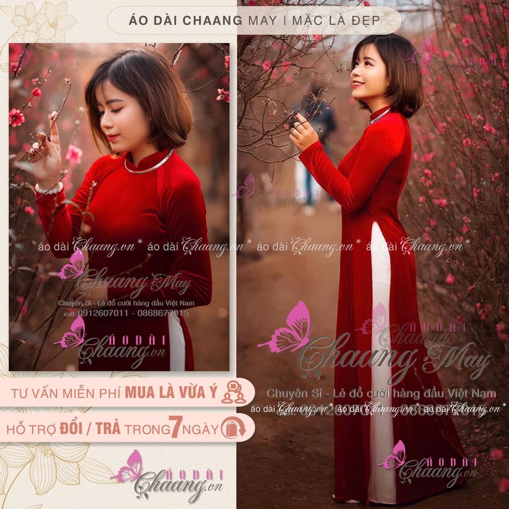 Áo dài nhung đỏ vai bồng may sẵn dáng truyền thống cổ cao tay phồng dài đẹp