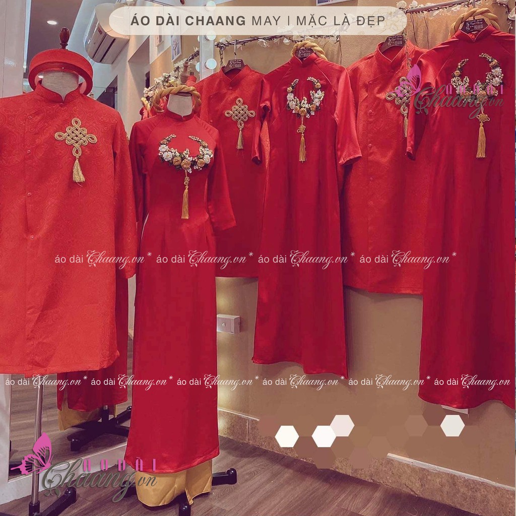Áo dài hoa Chaang may sẵn May áo đỏ truyền thống đính hoa ruy băng vàng đồng, vải lụa