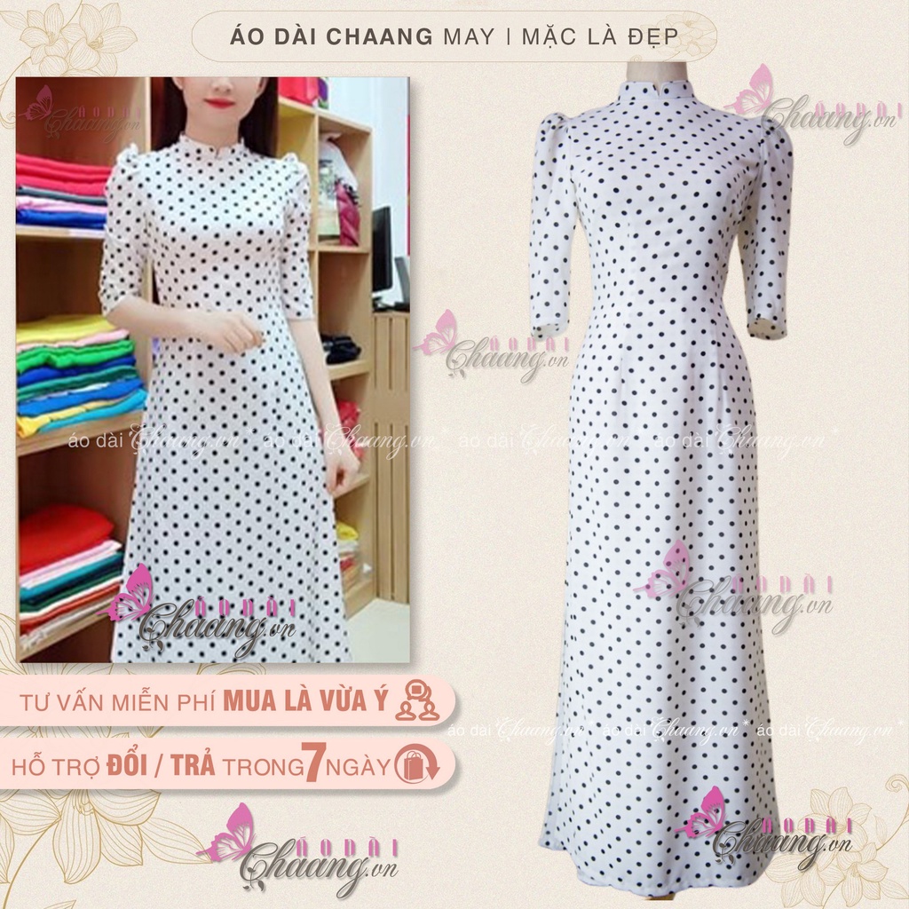 Áo Dài Trắng Truyền Thống Chấm Bi Vai Bồng May Sẵn Lụa Thái Cổ Vuông Đẹp ChaangBi09