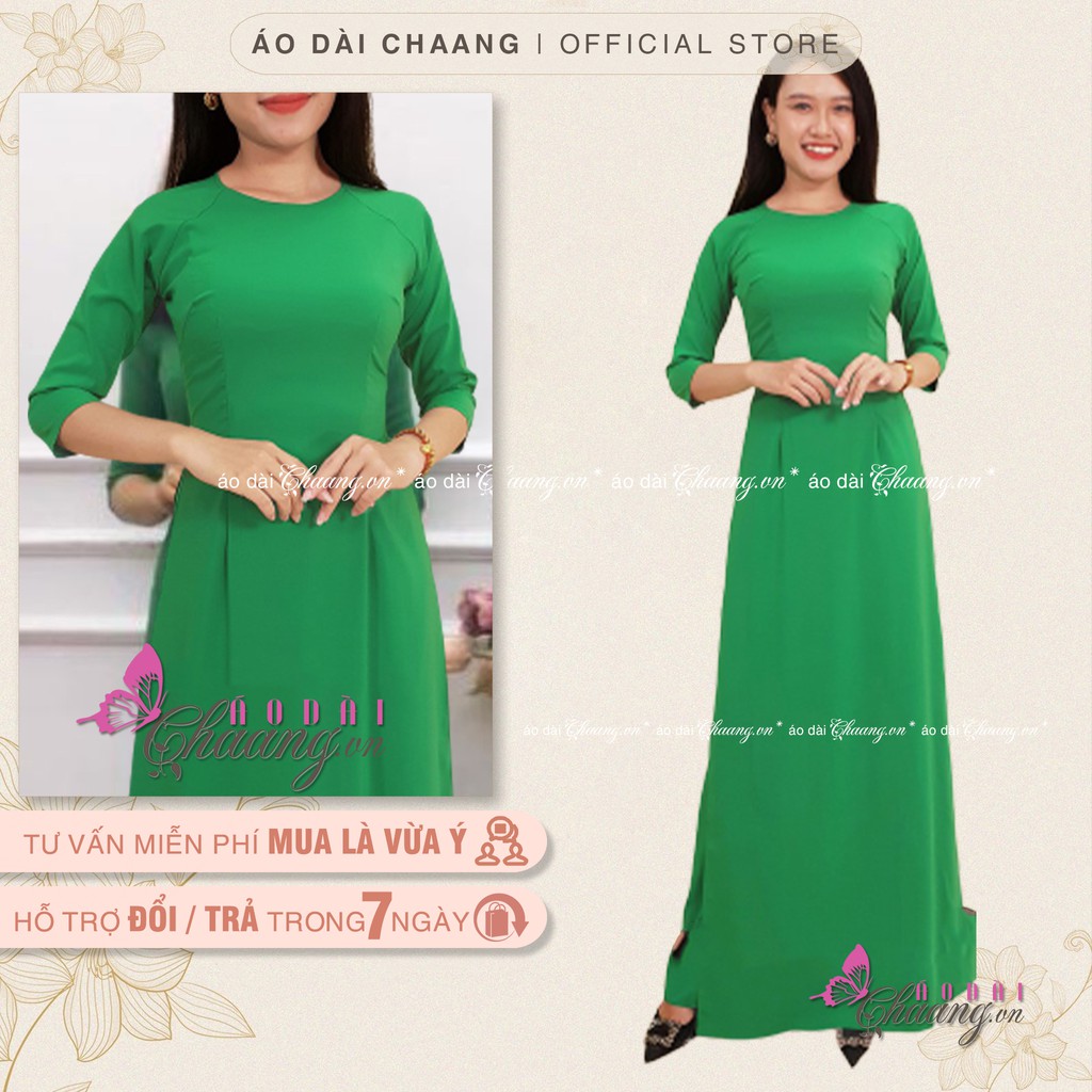 Áo dài xanh lá cổ tròn CHAANG May sẵn dáng truyền thống, vải lụa tay lỡ