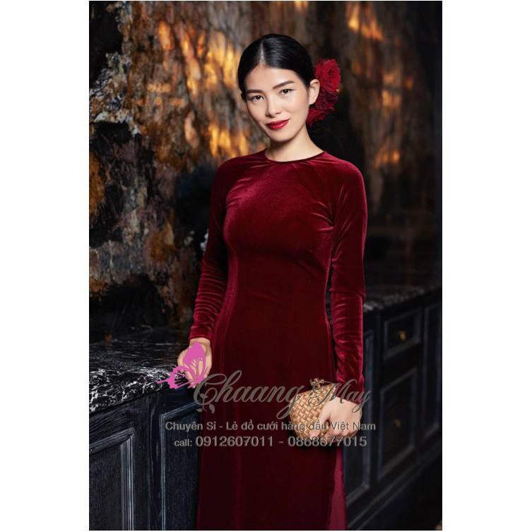 Áo Dài Nhung Đỏ Đô Đậm Truyền Thống May Sẵn Dự Tiệc Lễ Tết Đẹp Quý Phái
