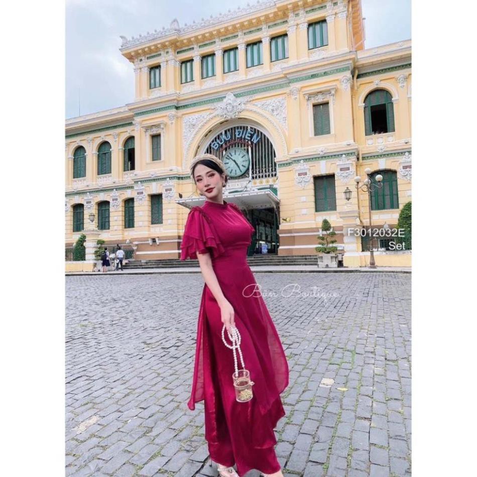 Áo dài cách tân nữ công sở Áo dài 4 tà tay loe cánh tiên lụa tơ óng xanh Mint đẹp