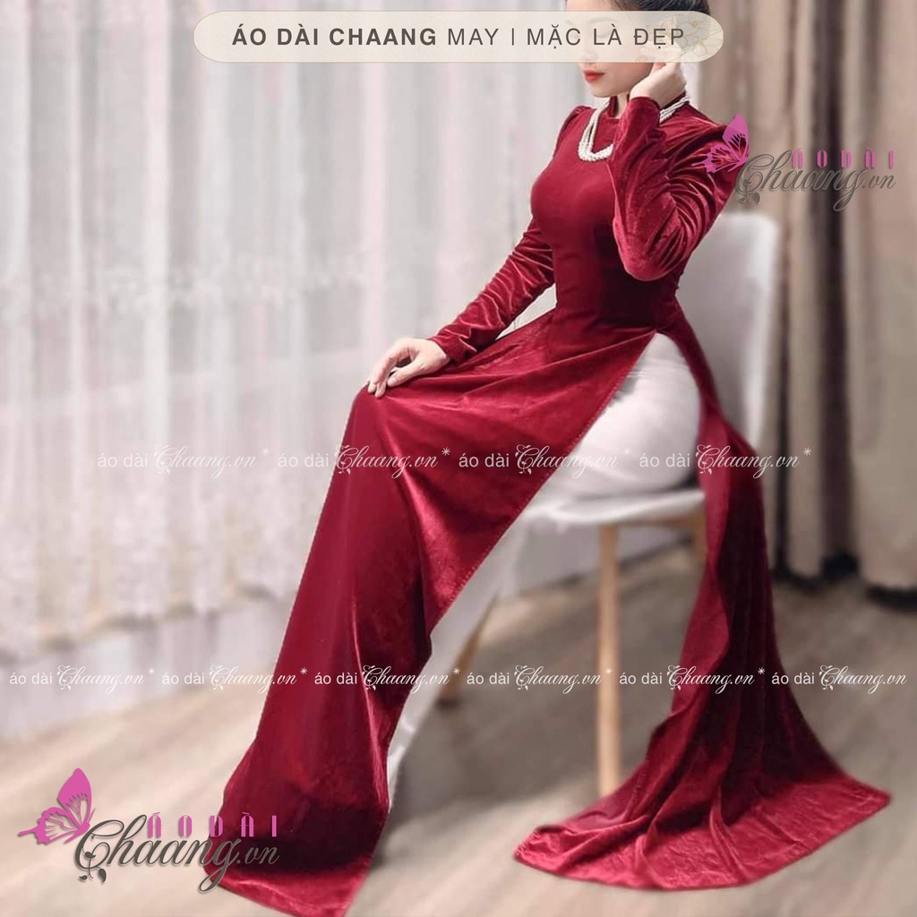 Áo dài nhung đỏ đô CHAANG May sẵn áo dài cổ vuông hở tay phồng đẹp, vải truyền thống cao cấp