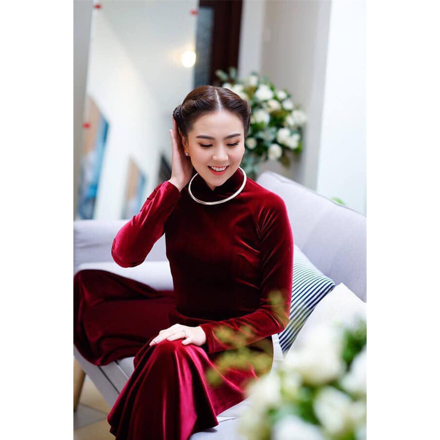 Áo Dài Nhung Đỏ Đô Đậm Truyền Thống May Sẵn Dự Tiệc Lễ Tết Đẹp Quý Phái