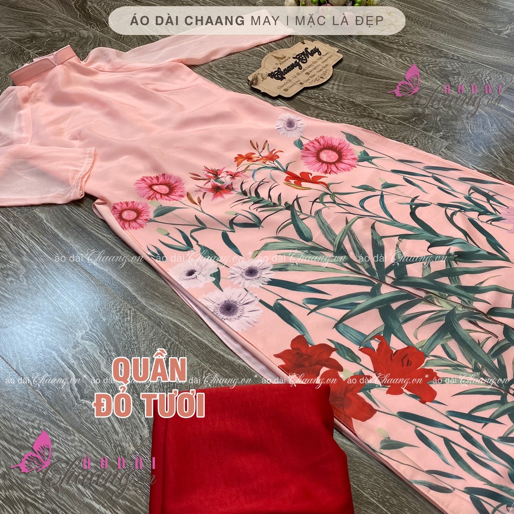Áo Dài Cách Tân Nữ Dáng Xuông 4 Tà Chân Hoa Cổ Vuông Lụa Da Tơ Óng CHAANG021