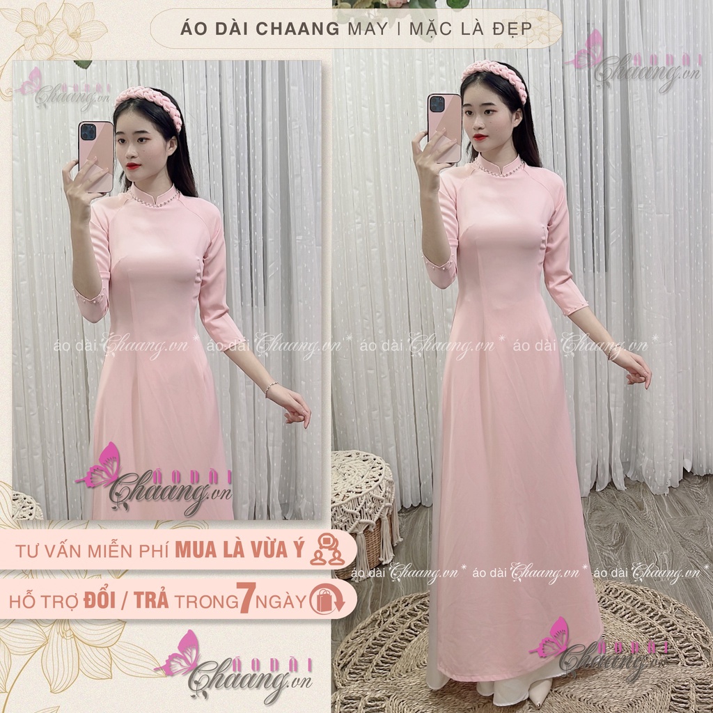Áo dài truyền thống màu hồng Chaang May sẵn kiểu áo cổ vuông tay lỡ vải lụa tằm dự tiệc lễ tết đẹp