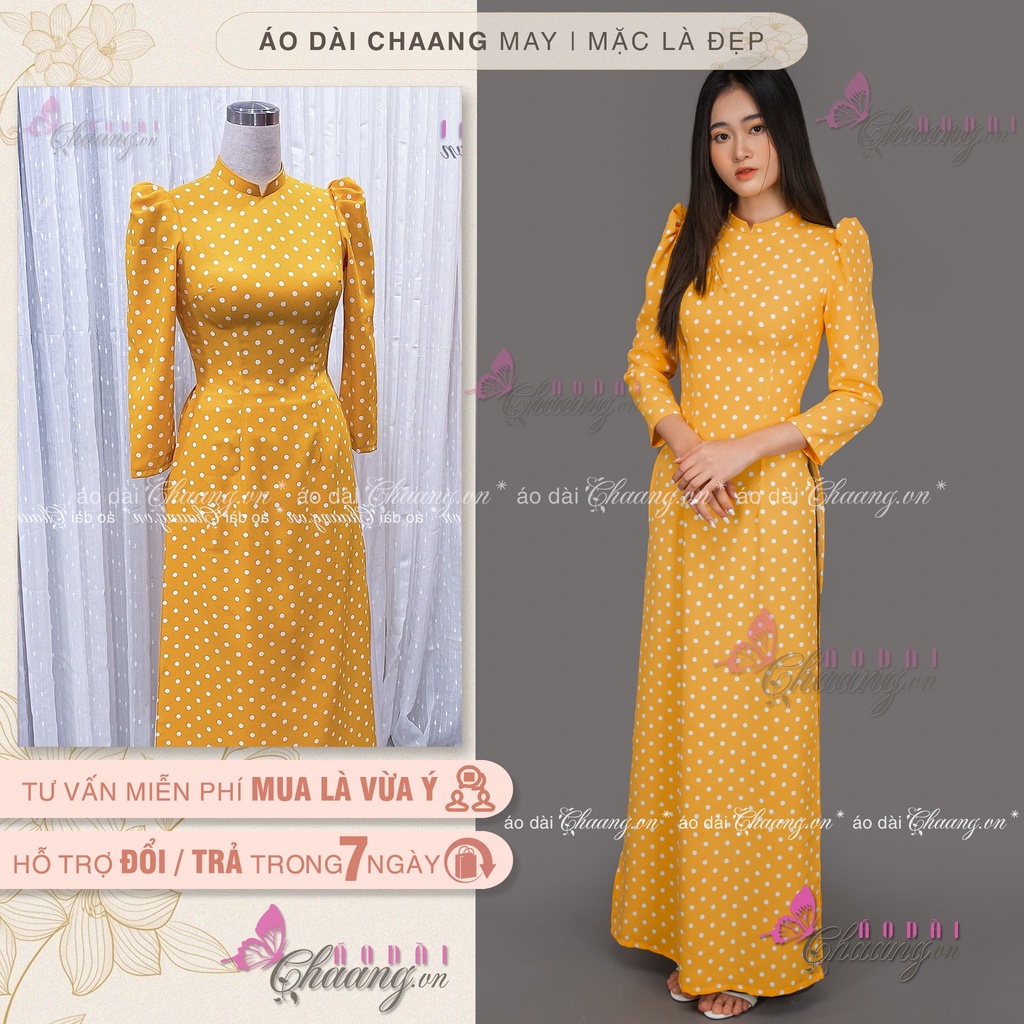 Áo Dài Truyền Thống Chấm Bi Vàng Vai Bồng May Sẵn Lụa Thái Cổ Vuông Đẹp ChaangBi08