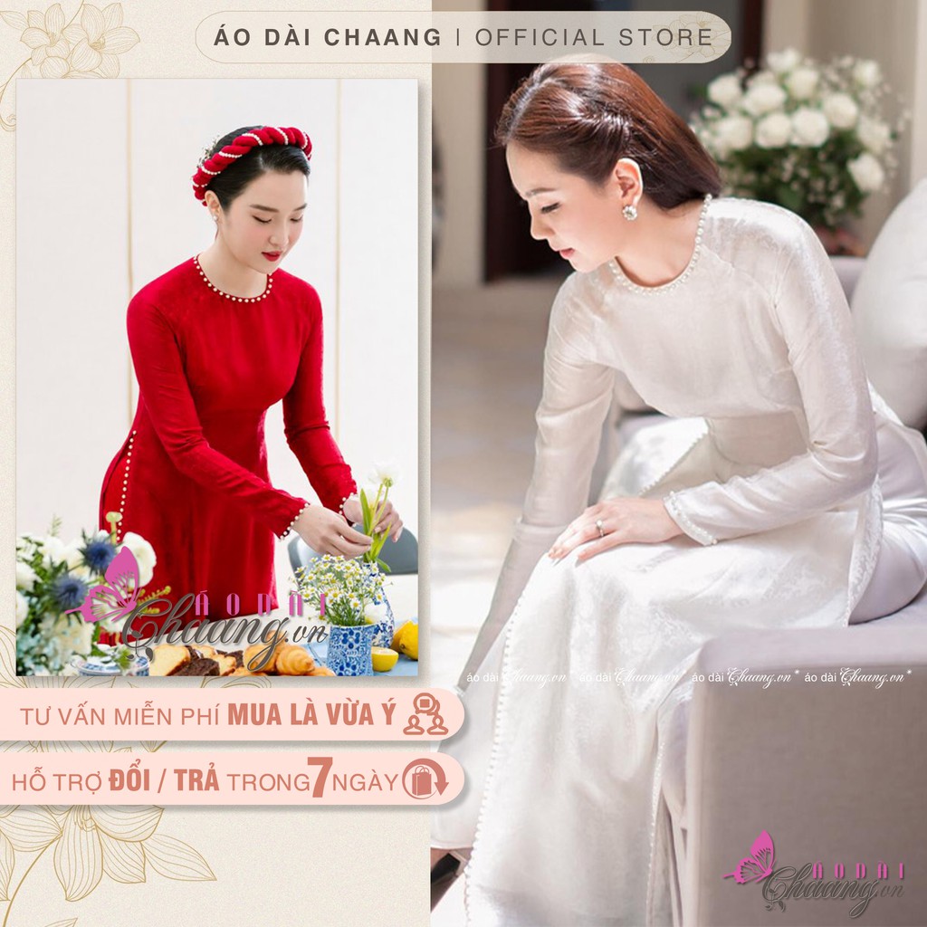 Áo dài cưới truyền thống may sẵn áo dài cô dâu 4 tà gấm hoa cúc đính đá ngọc đẹp
