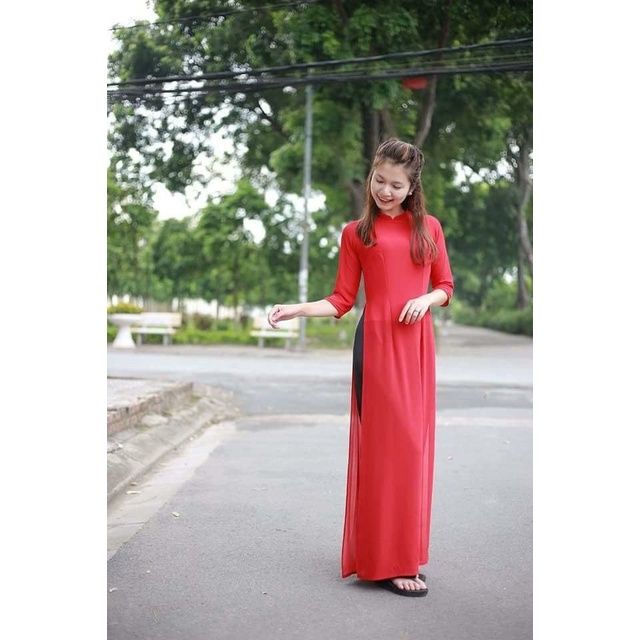 Áo dài đỏ tươi Chaang may sẵn Áo dài truyền thống may sẵn cổ vuông tay lỡ lụa mỹ cao cấp