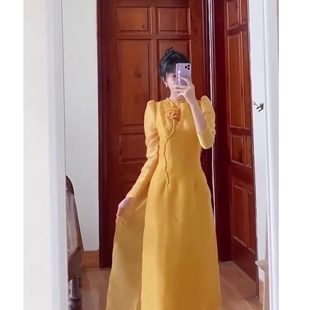 Áo Dài Cách Tân Nữ Cao Cấp May Sẵn Tay Bồng Lụa Tơ 4 Tà Cổ Tròn Kết Hoa Thủ Công Phù Hợp Dự Tiệc Lễ Tết Đẹp
