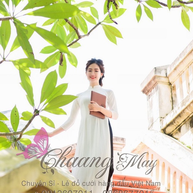 Áo dài trắng nữ học sinh 4 tà đi học Chaang may sẵn áo dài truyền thống lụa tằm cổ vuông tay lỡ đẹp