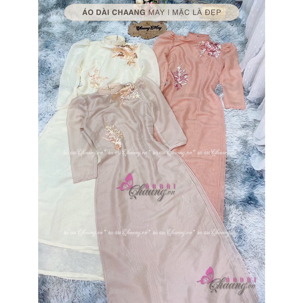 Áo Dài Cách Tân Nữ Thiết Kế Tay Bồng Lụa Tơ Hồng Da Nude Be 4 Tà Ren Hoa Cao Cấp Dự Tiệc Lễ Tết Đẹp