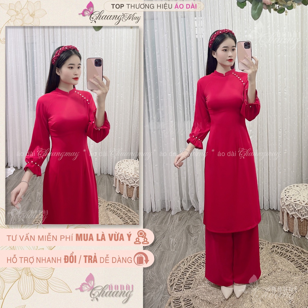 Áo Dài Cách Tân Nữ Tay Thun Bồng CHAANG May Sẵn 2 Tà Ngắn Đính Hạt Chuẩn Form Đẹp Đơn Giản CCT1422