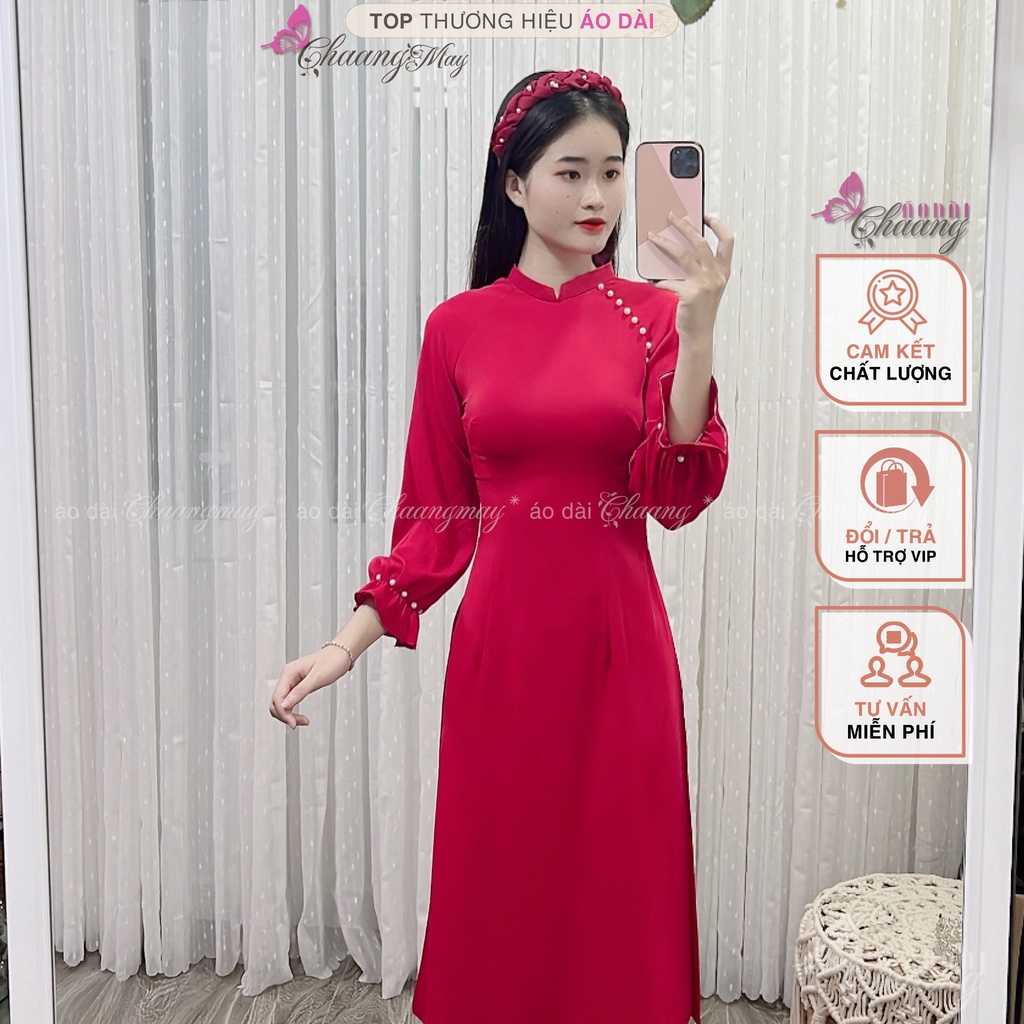 Áo Dài Cách Tân Nữ Tay Thun Bồng CHAANG May Sẵn 2 Tà Ngắn Đính Hạt Chuẩn Form Đẹp Đơn Giản CCT1422