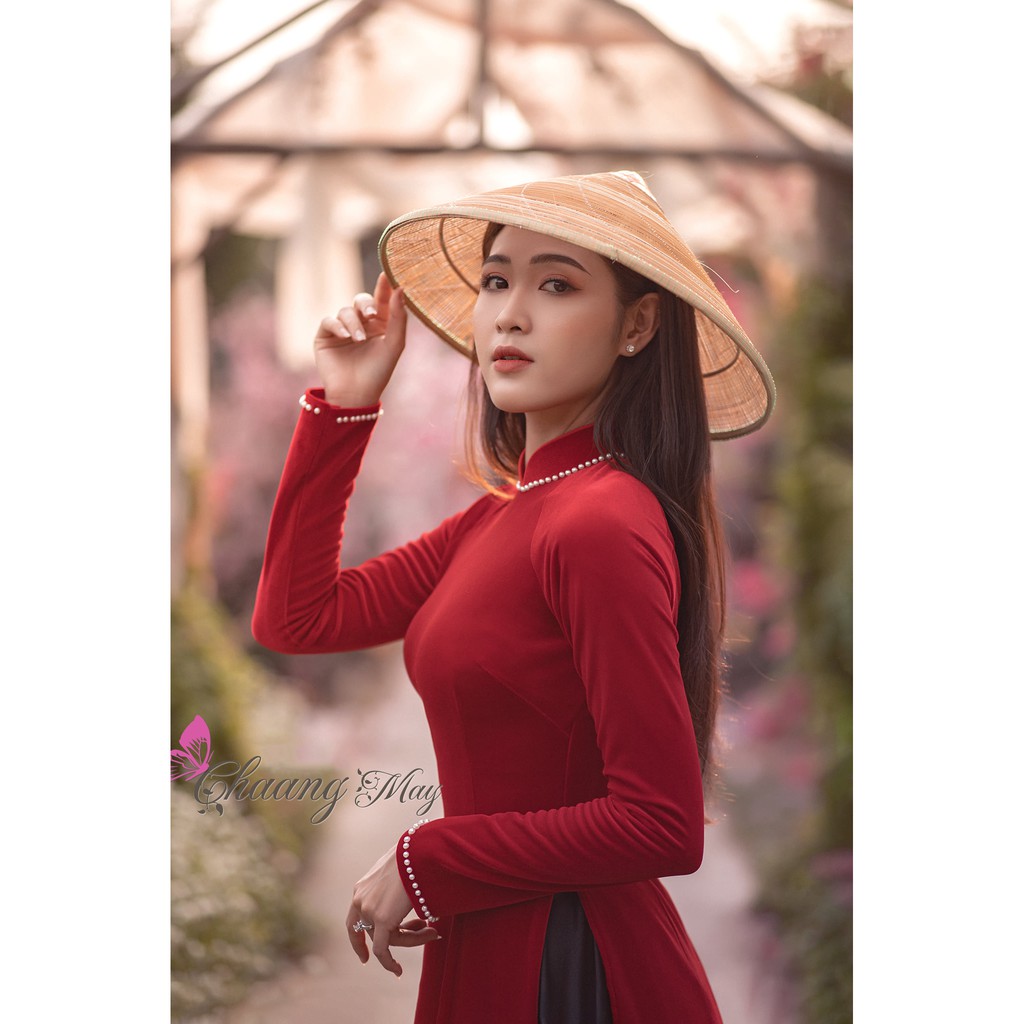 Áo dài nhung đính đá ngọc CHAANG May sẵn Áo dài truyền thống sang trọng, vải co giãn đẹp
