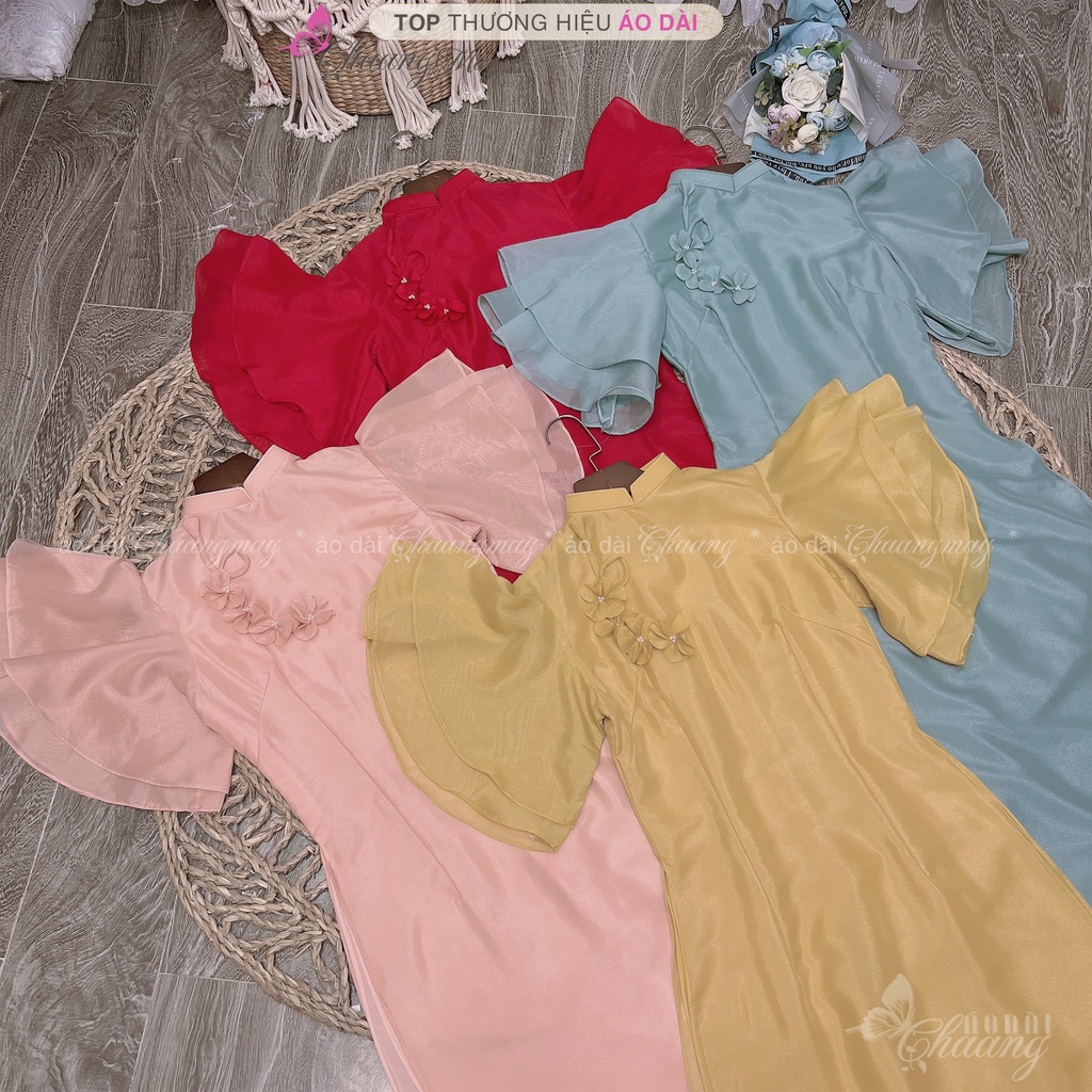Áo Dài Cách Tân Nữ Hoa Xếp Nhẹ Thủ Công Chaang May Thiết Kế Sẵn Lụa Tơ Tay Cánh Tiên Dự Tiệc Lễ Tết Xinh Đẹp