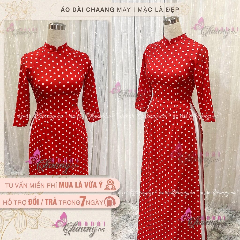 Áo Dài Đỏ Tươi Chấm Bi Trắng May Sẵn Áo Dài Truyền Thống Cổ Vuông Tay Lỡ Lụa Mặc Tết Đẹp