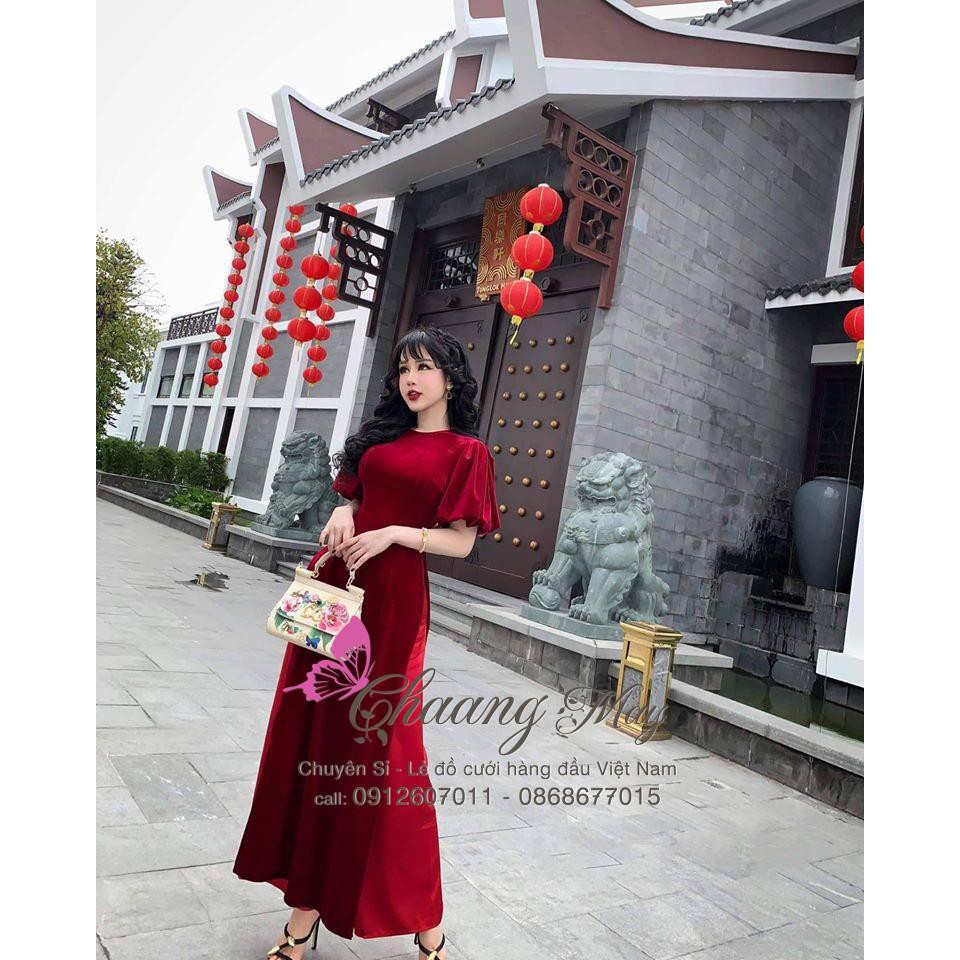 Áo Dài Nhung Cách Tân Nữ May Sẵn Tay Bèo Thun Bồng Sang Trọng Mặc Dự Tiệc Lễ Tết Đẹp