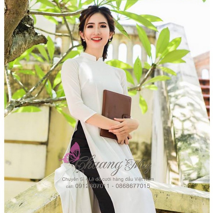 Áo dài trắng nữ học sinh 4 tà đi học Chaang may sẵn áo dài truyền thống lụa tằm cổ vuông tay lỡ đẹp