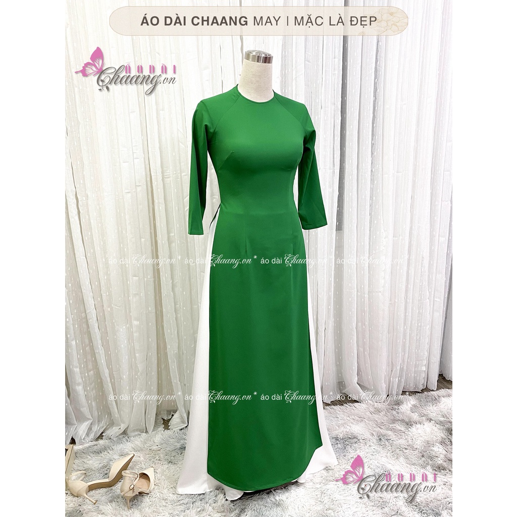 Áo dài xanh lá cổ tròn CHAANG May sẵn dáng truyền thống, vải lụa tay lỡ