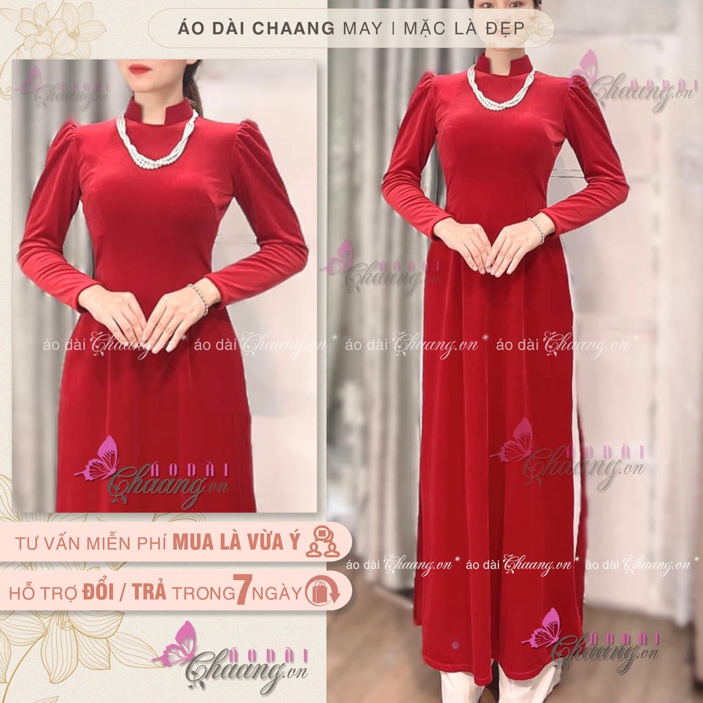 Áo dài nhung đỏ đô CHAANG May sẵn áo dài cổ vuông hở tay phồng đẹp, vải truyền thống cao cấp