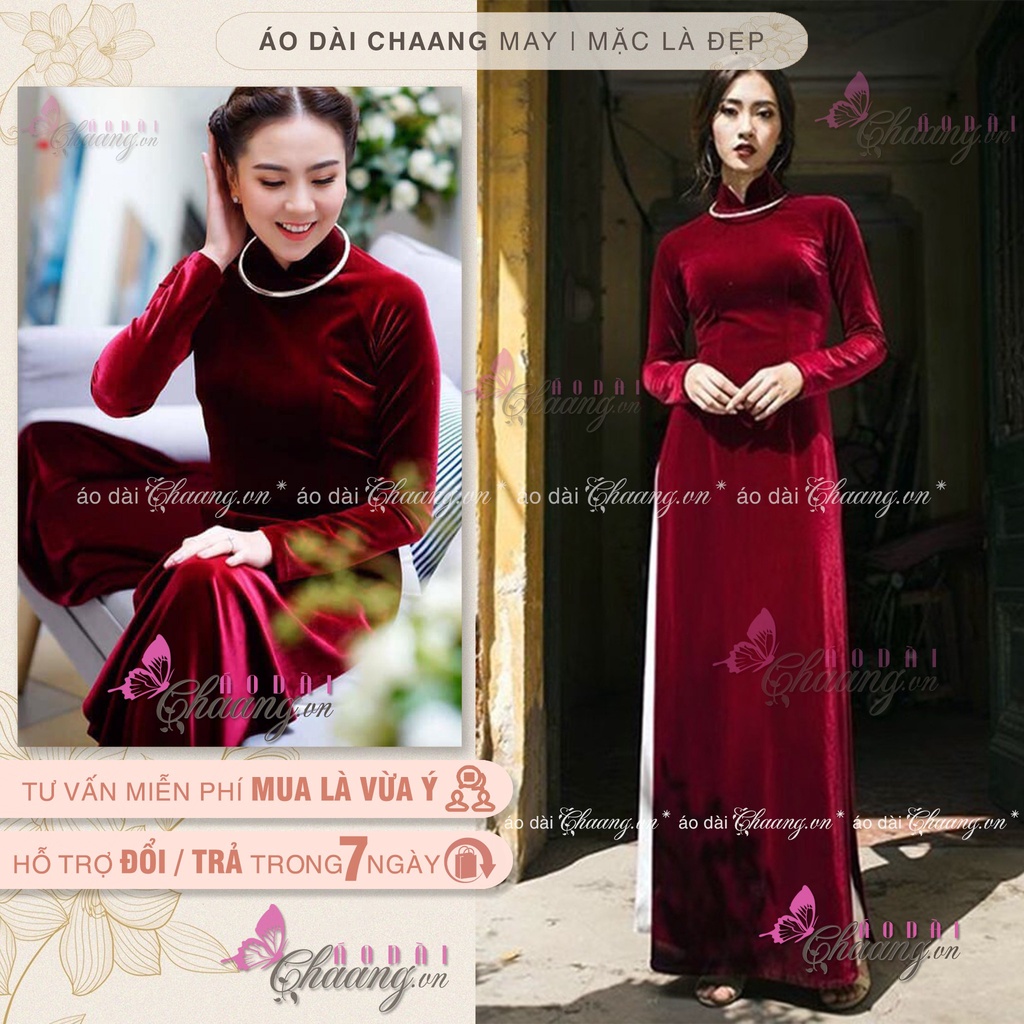 Áo Dài Nhung Đỏ Đô Đậm Truyền Thống May Sẵn Dự Tiệc Lễ Tết Đẹp Quý Phái