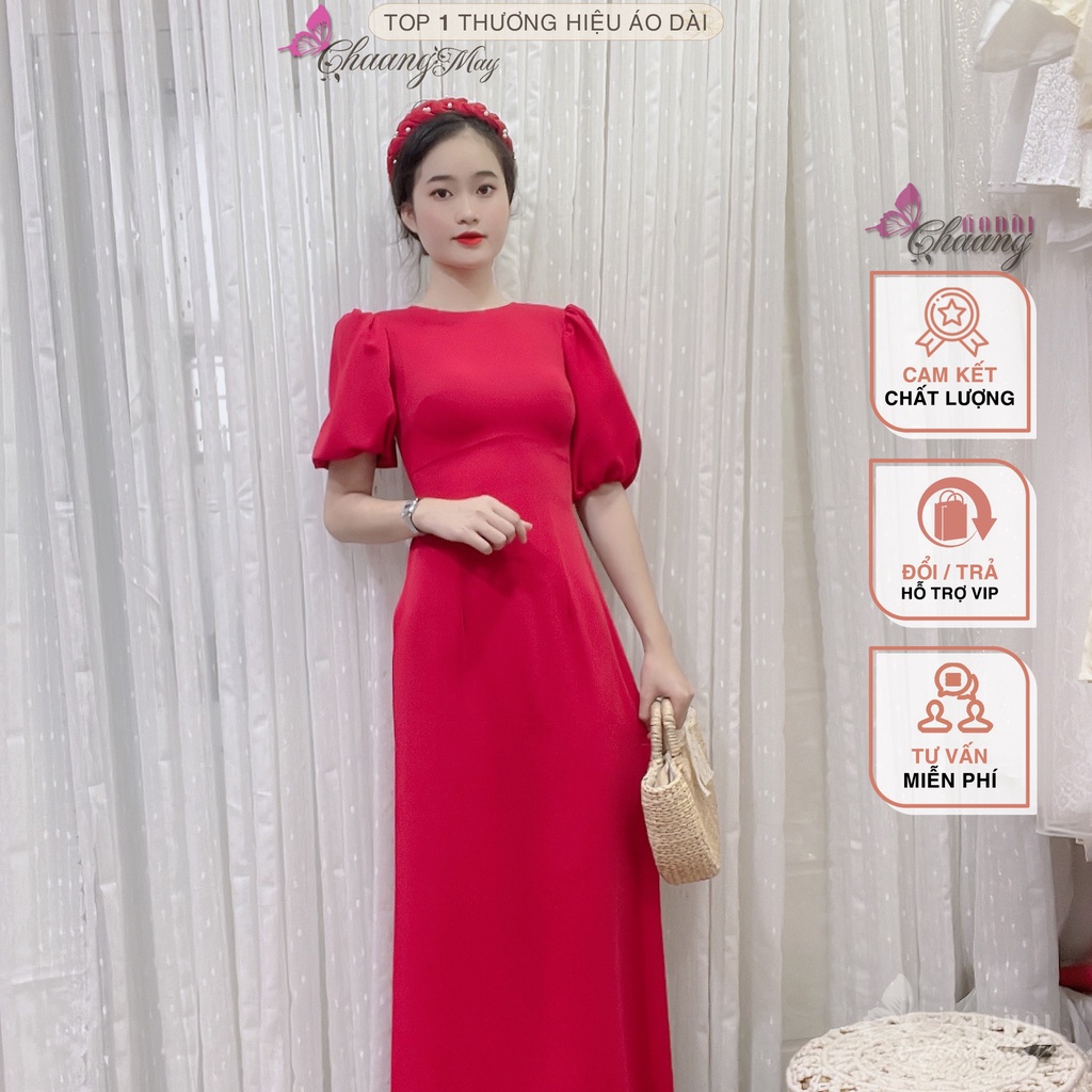 Áo Dài Cách Tân Nữ Tay Bèo Bồng Phồng CHAANG May Sẵn 2 Tà Cổ Tròn Trơn Mát Co Giãn Đẹp C-ADB7422