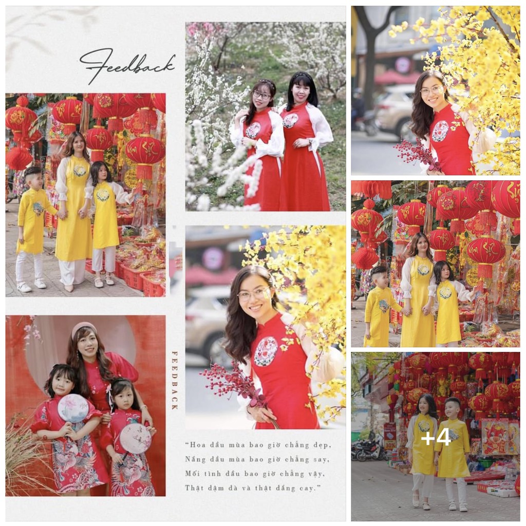 Áo Dài Cách Tân Nữ Lụa Đỏ Vàng Tay Bồng Tơ Nhũ Trắng May Sẵn Dự Tiệc Du Xuân Lễ Tết Đẹp