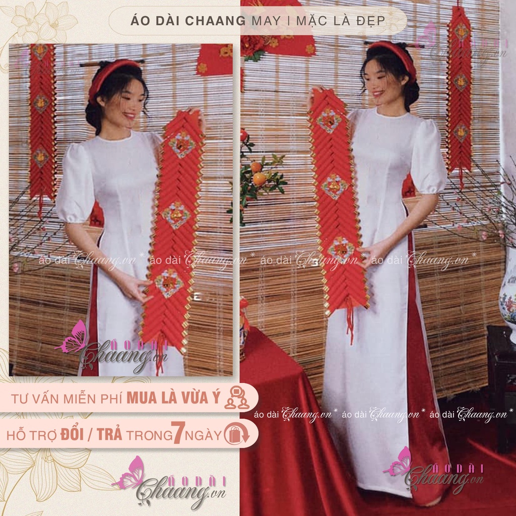 Áo Dài Cách Tân Nữ Tay Bèo Bồng Phồng CHAANG May Sẵn 2 Tà Cổ Tròn Trơn Mát Co Giãn Đẹp C-ADB7422